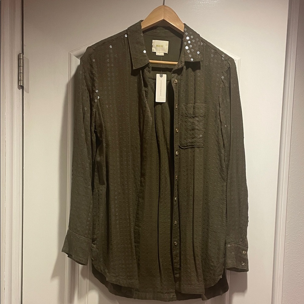 Anthropologie Olive Green Sequin Blouse
